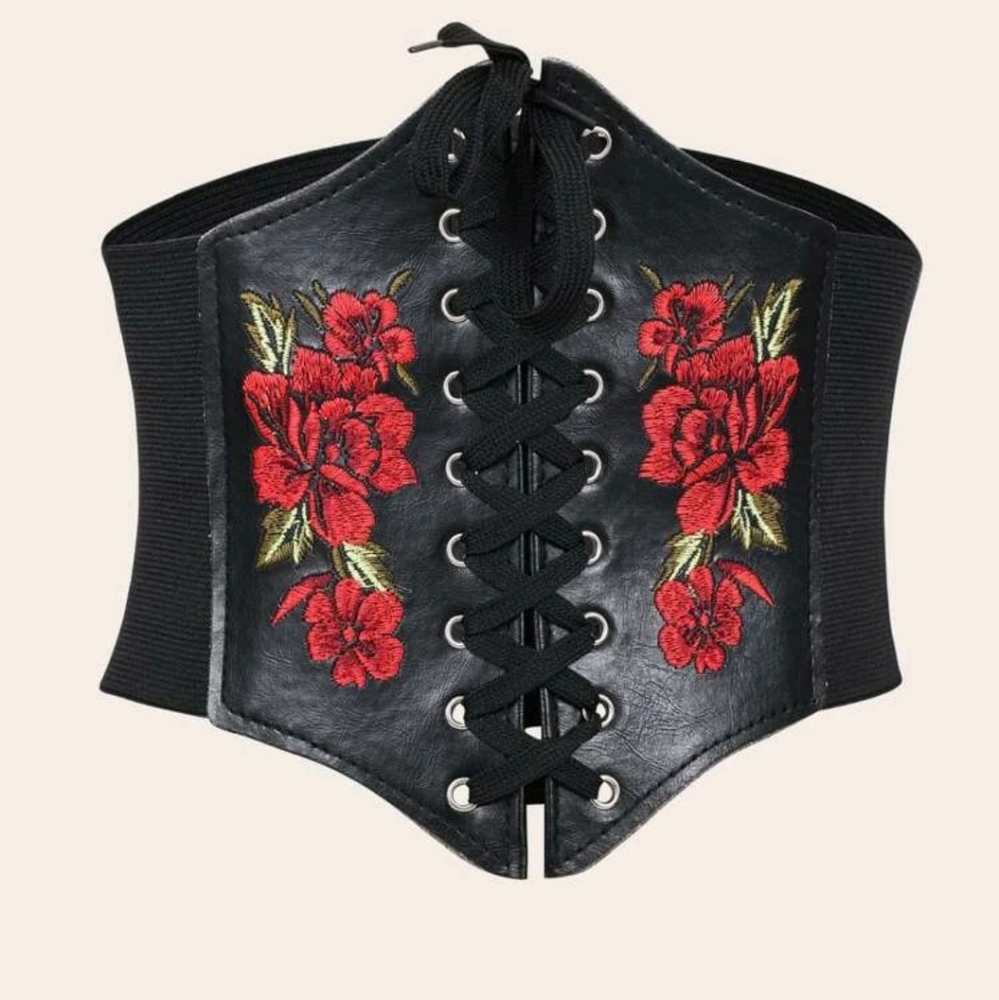 Black corset floral rose embroidered boho faux leather waist statement belt - Picture 6 of 14